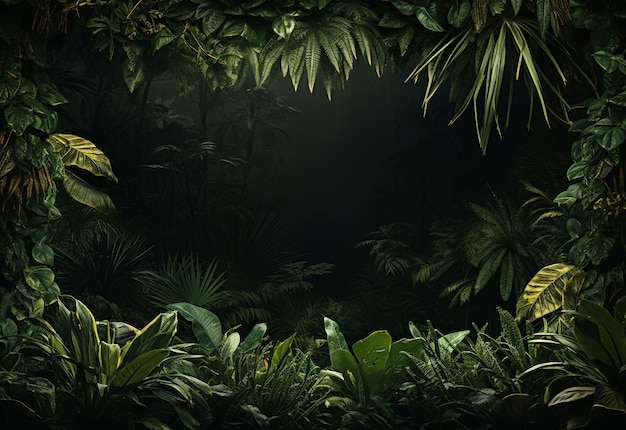 Photo magnifique fond de jungle avec bordure en toile de fond de feuilles tropicales avec espace de copie