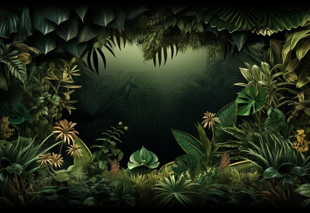 Magnifique fond de jungle avec bordure en toile de fond de feuilles tropicales avec espace de copie