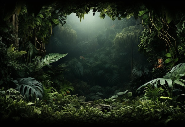 Photo magnifique fond de jungle avec bordure en toile de fond de feuilles tropicales avec espace de copie