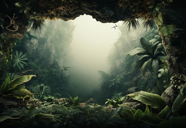 Magnifique fond de jungle avec bordure en toile de fond de feuilles tropicales avec espace de copie