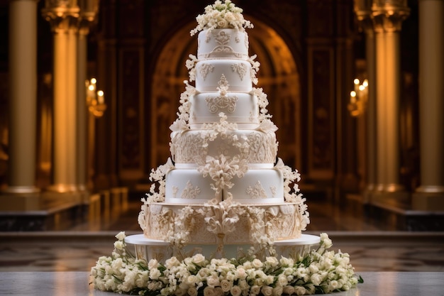 Un magnifique gâteau de mariage orné de délicates fleurs blanches placé élégamment sur une table Un gâteau de mariage à cinq étages finement décoré AI généré