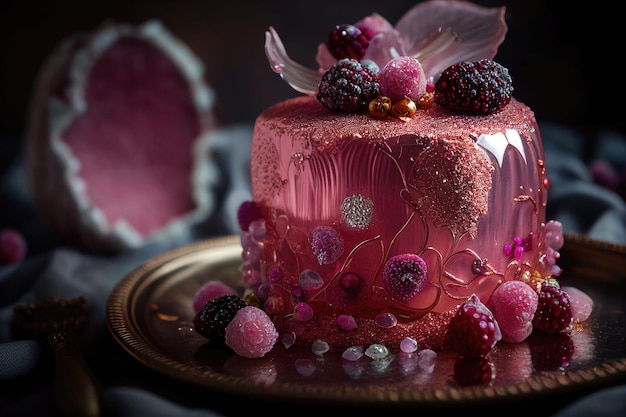 Magnifique gâteau rose avec des cristaux et des feuilles de cuivre feuilletées et des pépites de perles sur une assiette AI générative