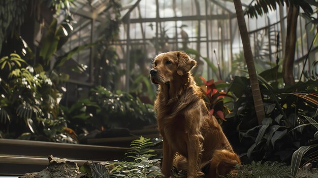 Photo un magnifique golden retriever est assis dans un jardin tropical luxuriant, entouré de plantes et de fleurs vertes et vibrantes.