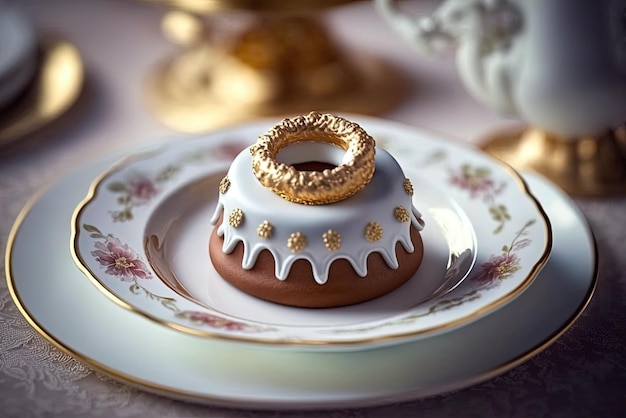magnifique gros plan d'un gâteau en anneau assis sur un plateau blanc