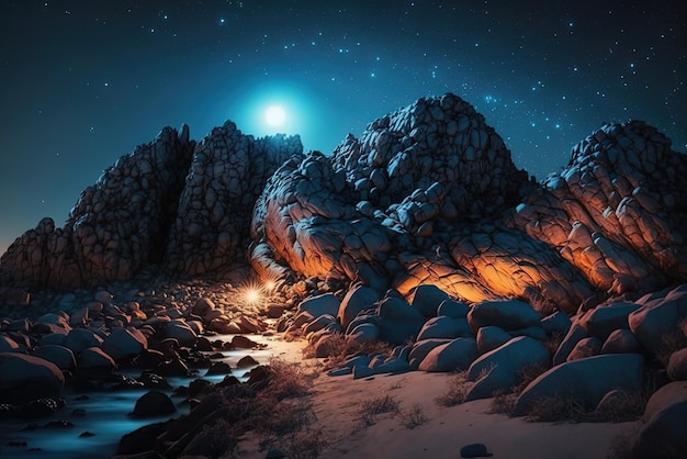 magnifique image de paysage de plage nocturne avec des lumières sur les rochers