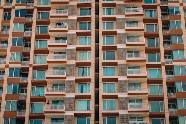 Magnifique immeuble aux couleurs chaudes et plein de balcons, fond