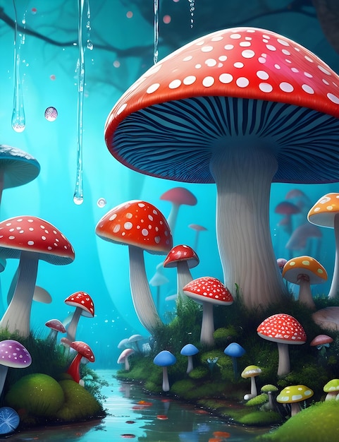 Un magnifique jardin de champignons coloré et réaliste avec un magnifique arrière-plan généré par l'IA