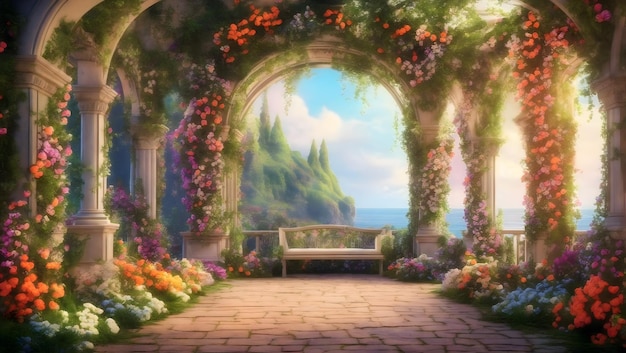 Un magnifique jardin de contes de fées secret avec des arches de fleurs et une verdure colorée Peinture numérique Backg