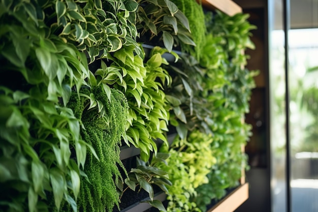 Un magnifique jardin vertical intérieur avec des plantes vertes vibrantes ornant un haut mur dans un environnement contemporain