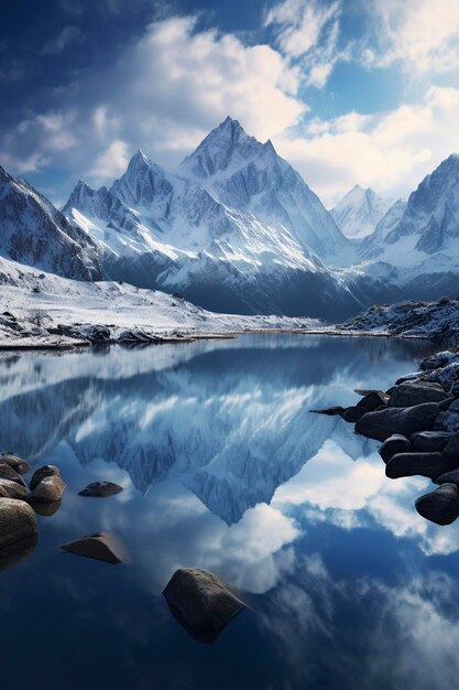 et un magnifique lac cristallin où les montagnes enneigées se reflètent