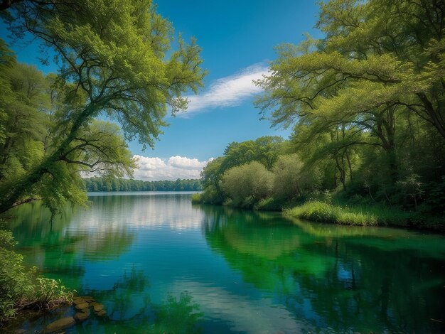 Le magnifique lac entouré d'arbres verts luxuriants