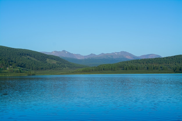 Un magnifique lac de montagne avec des roseaux entouré de chaînes de montagnes et de forêts impénétrables.