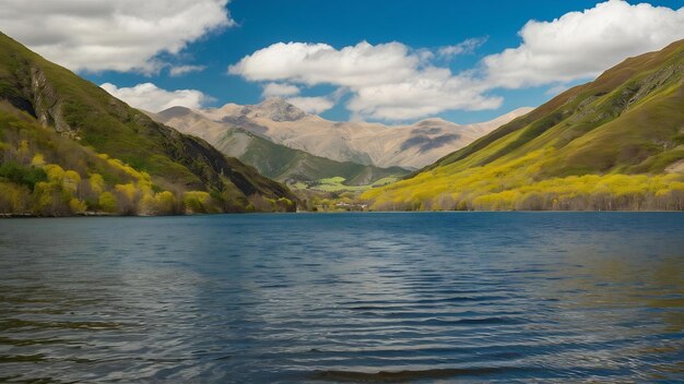 Le magnifique lac Ritsa dans les montagnes du Caucase les collines vertes des montagnes le ciel bleu avec des nuages