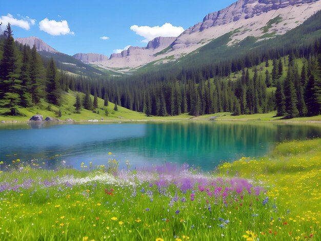 Un magnifique lac tranquille entouré de fleurs sauvages vibrantes