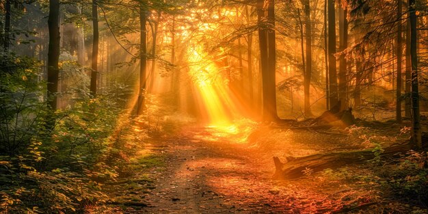 Le magnifique lever du soleil éclaire le sentier brumeux de la forêt