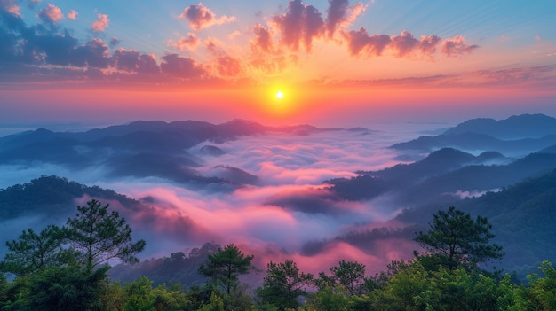 Photo un magnifique lever de soleil et du brouillard dans le district de phu thok chiang khan, province de loei, thaïlande