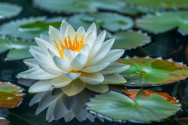 Le magnifique lily d'eau blanc fleurissant sereinement avec de luxuriants lilies verts sur l'eau calme de l'étang