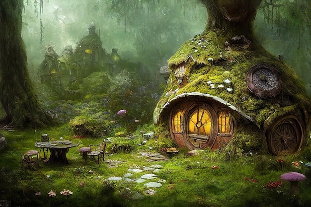Magnifique maison de conte de fées sur une colline dans une forêt magique du matin. Un concept de conte de fées de la forêt.