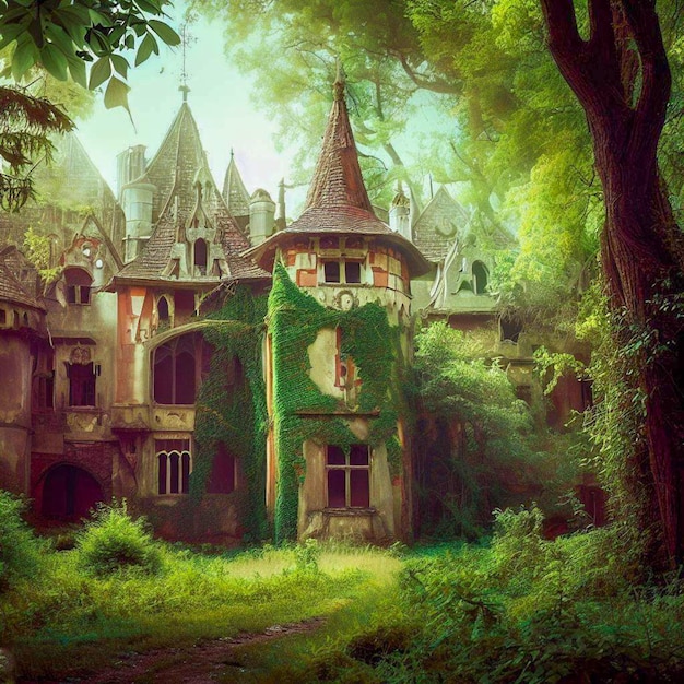 magnifique manoir médiéval abandonné dans une forêt de conte de fées