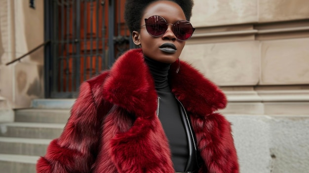 Photo un magnifique manteau de fausse fourrure bordeaux associé à un simple col à queue noire et à un pantalon en cuir