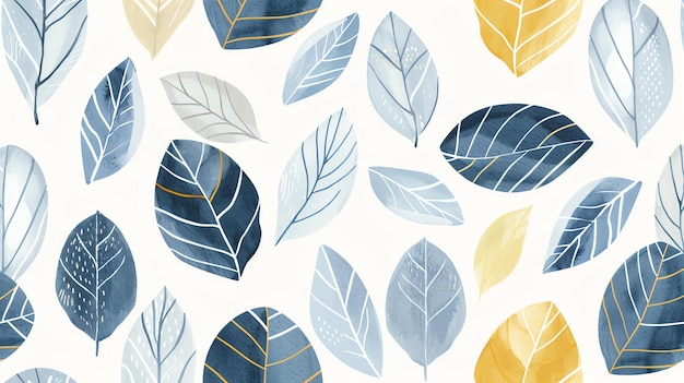 Un magnifique motif d'aquarelle de feuilles en bleu et jaune