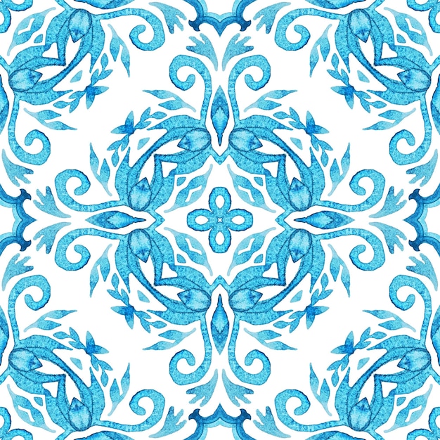 Photo un magnifique motif d'aquarelle florale bleue sans couture, des carreaux orientaux et une conception de tissu.