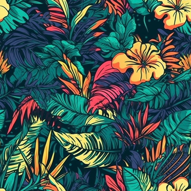 Magnifique motif sans couture de fleurs tropicales créé avec une IA générative