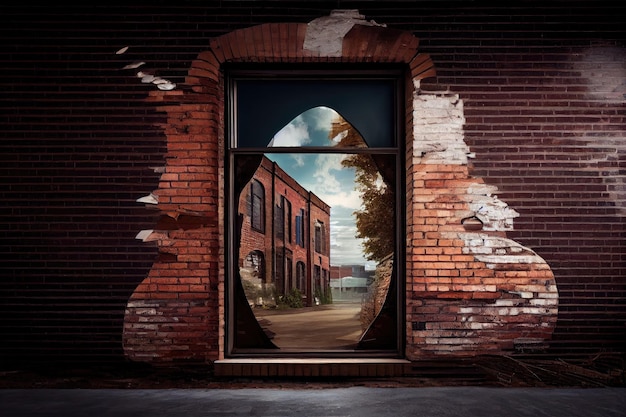 Un magnifique mur de briques qui encadre une vue sur un ancien bâtiment industriel