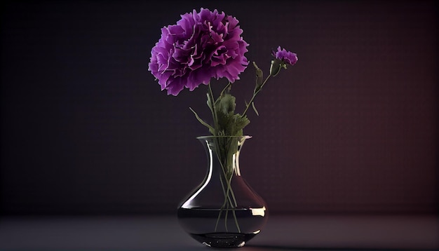 Magnifique œillet violet dans un vase avec fond de couleur unie