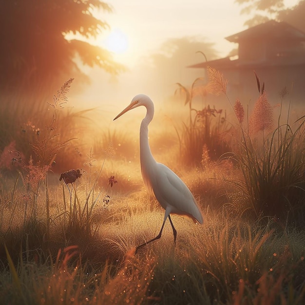 Un magnifique oiseau égret intermédiaire dans un champ généré par l'IA