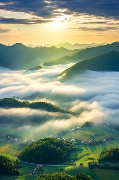 Un magnifique panorama Un lever de soleil sur une vallée brumeuse avec des champs en terrasses