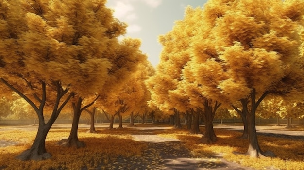 Magnifique panorama de paysage d'automne d'une forêt pittoresque avec beaucoup de soleil chaud AI générative