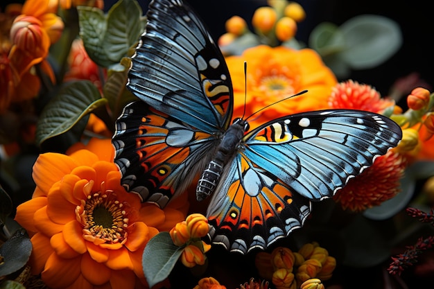 Un magnifique papillon assis sur une fleur de lantana orange vif et déployant ses ailes démontrant les motifs complexes et la beauté du monde naturel.