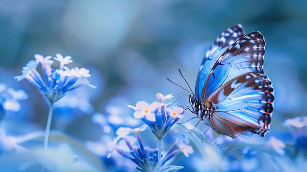 Un magnifique papillon bleu est perché sur une fleur le papillon a ses ailes ouvertes montrant ses couleurs vives