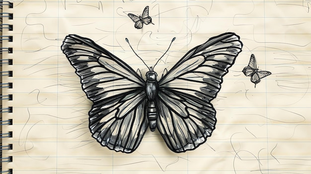 Photo un magnifique papillon noir et blanc avec des détails intricats le papillon est placé sur un fond de papier réglé qui ajoute à sa sensation vintage