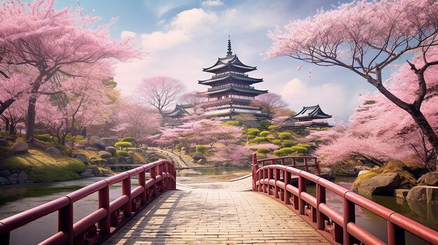 magnifique parc du château de Koriyama, point de repère du Japon, avec fleurs de cerisier