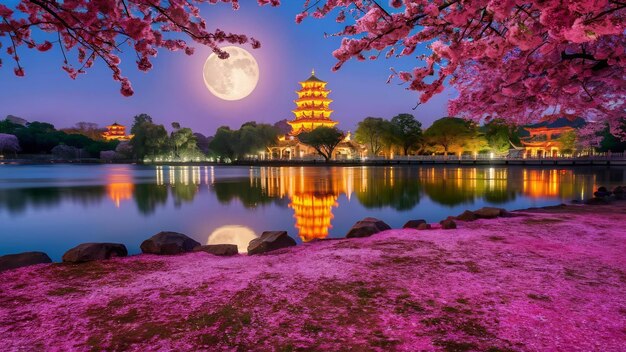 Photo le magnifique parc du lac de la lune à ningbo, en chine