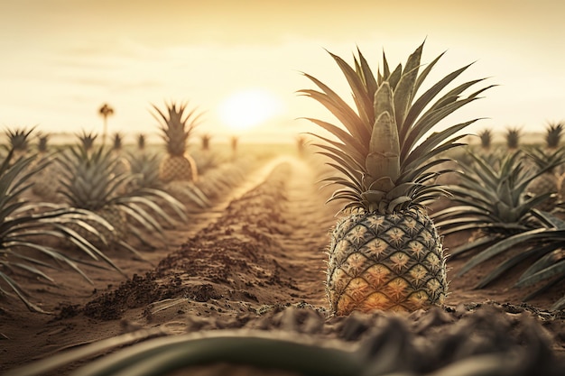 Un magnifique paysage agricole avec des ananas poussant en rangées soignées Generative AI