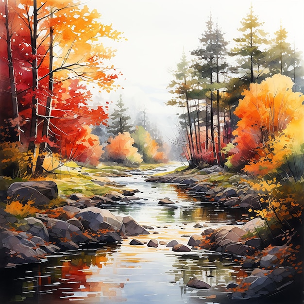 Magnifique paysage d'automne aquarelle forêt jaune et rouge vif au bord d'une petite rivière