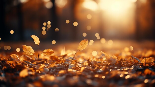 Magnifique paysage d'automne avec feuilles jaunes et soleil