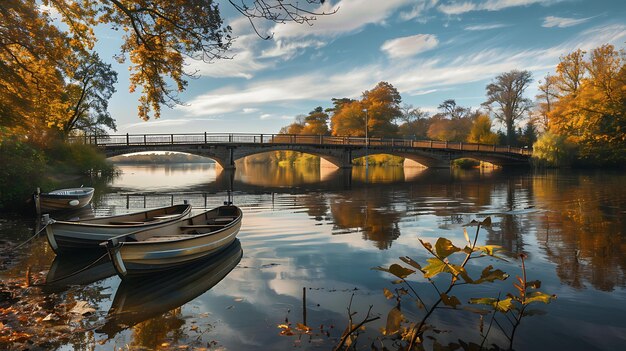 Un magnifique paysage d'automne avec un pont sur une rivière les arbres sont en plein feuillage et les feuilles deviennent jaunes et orange