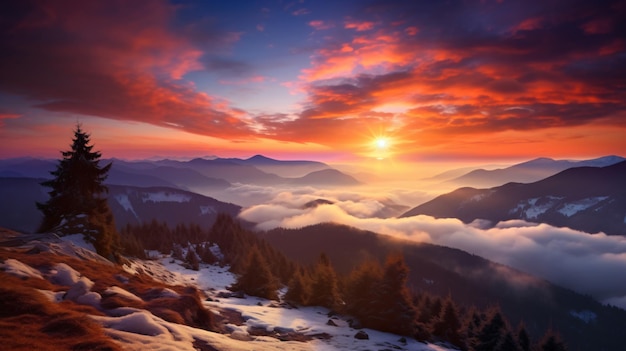 Magnifique paysage des Carpates au coucher du soleil