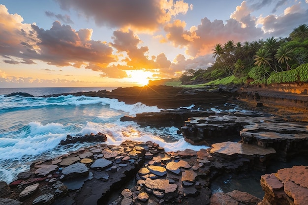 Magnifique paysage de formations rocheuses au bord de la mer à Queens Bath Kauai Hawaii au coucher du soleil