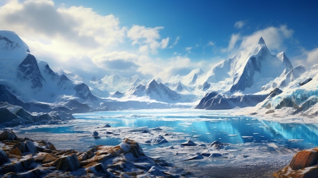 Magnifique paysage glaciaire avec des glaciers bleus glacés des sommets enneigés générés par l'IA