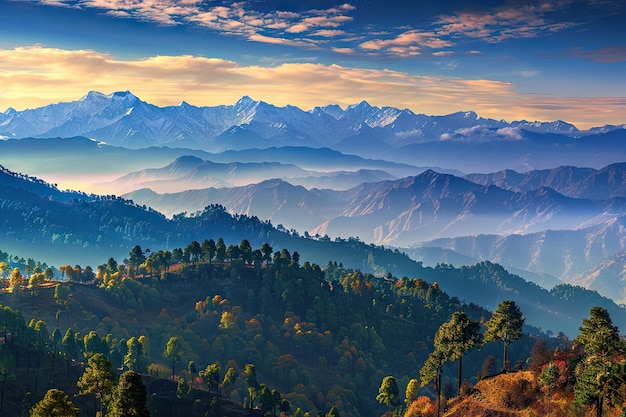 Photo le magnifique paysage de l'himalaya à kausani, en inde, le matin d'automne