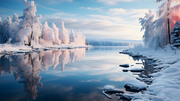 Magnifique paysage d'hiver avec sapins enneigés et lac au lever du soleil