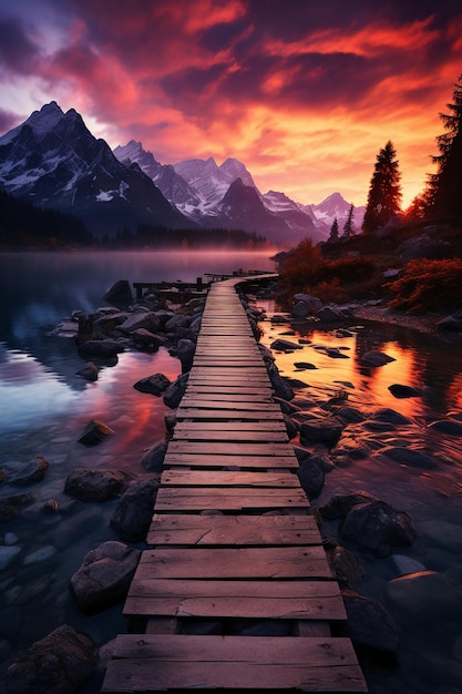 Un magnifique paysage avec un magnifique coucher de soleil sur un lac tranquille