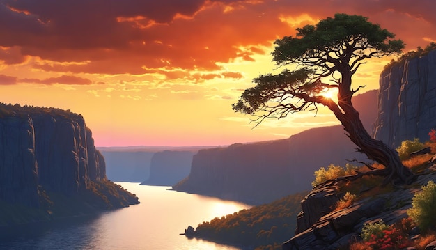 Un magnifique paysage de montagne avec une rivière un arbre et un coucher de soleil