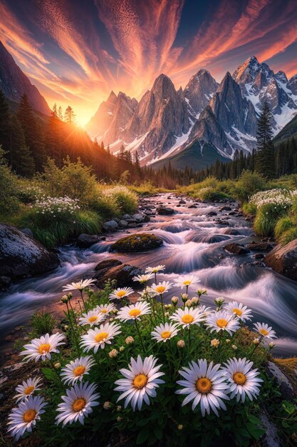 Un magnifique paysage de montagne avec une rivière qui coule à travers.