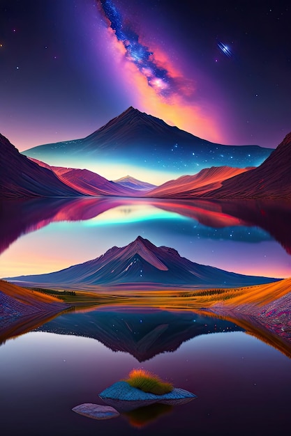 Magnifique paysage de montagnes et de lac dans la nuit avec fond de Voie lactée Illustration numérique